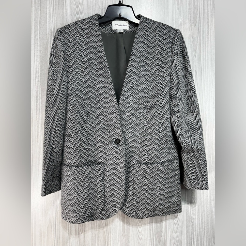 Vintage JH Collectible Wool Herringbone Blazer Gray Black Size 10 Women’s